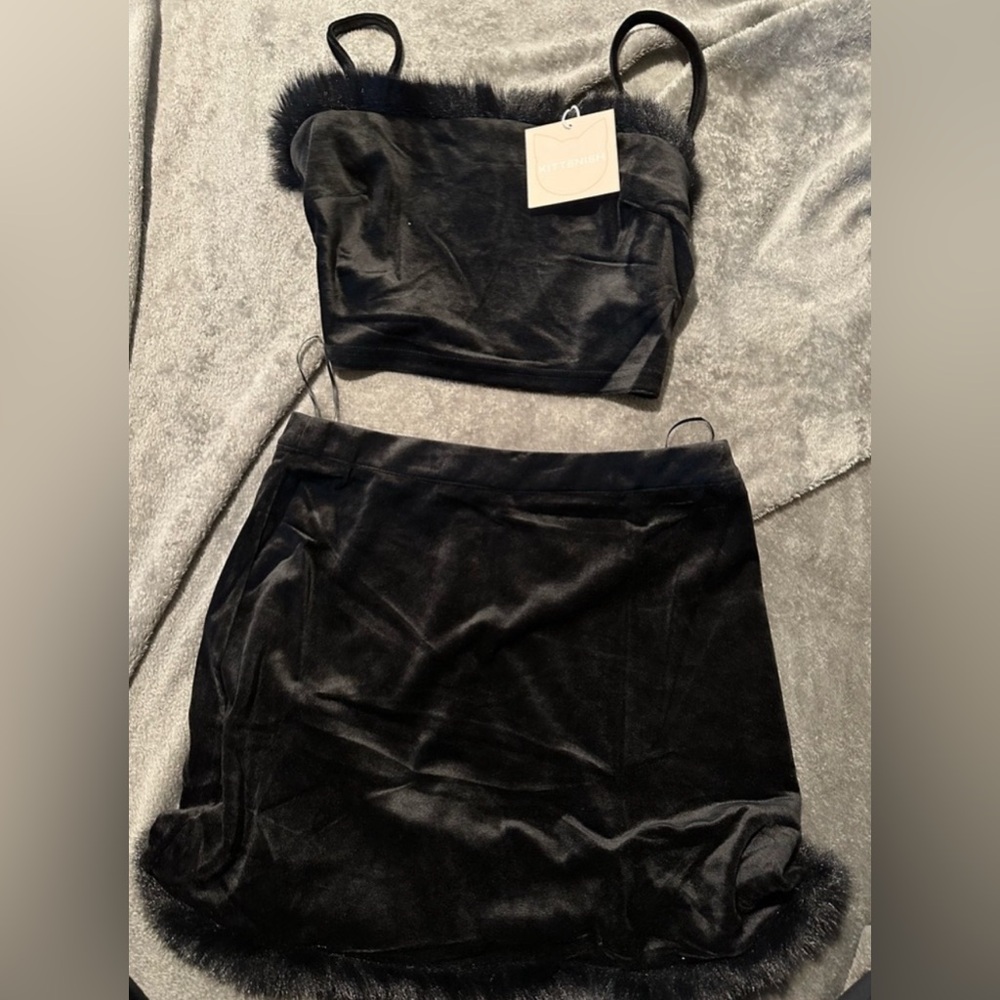 Kittenish Black Velvet Mini Skirt set